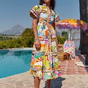 CELIA B Dress Cordelia Whimsical Colorful Scalloped Button Front Midi Dress‎ S